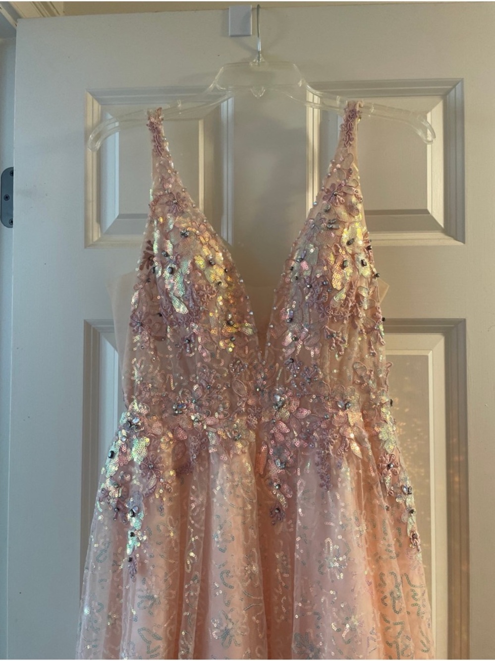 Embellished Pink V-Neck Evening Dress